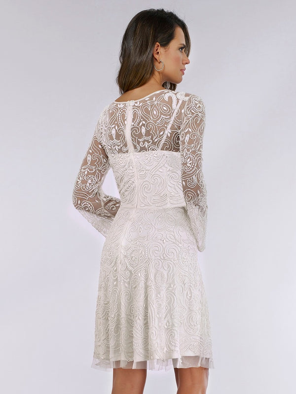 Vestido De Festa Curto Bordado Manga Longa Lara