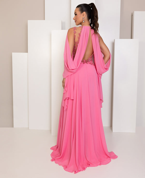 Vestido de Festa Longo Bordado Decote Fenda Elizabeth Marques