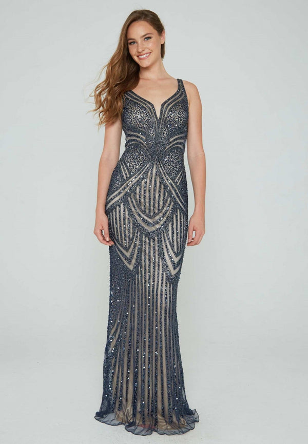 Vestido De Festa Longo Bordado Regata Decote Nas Costas Aleta