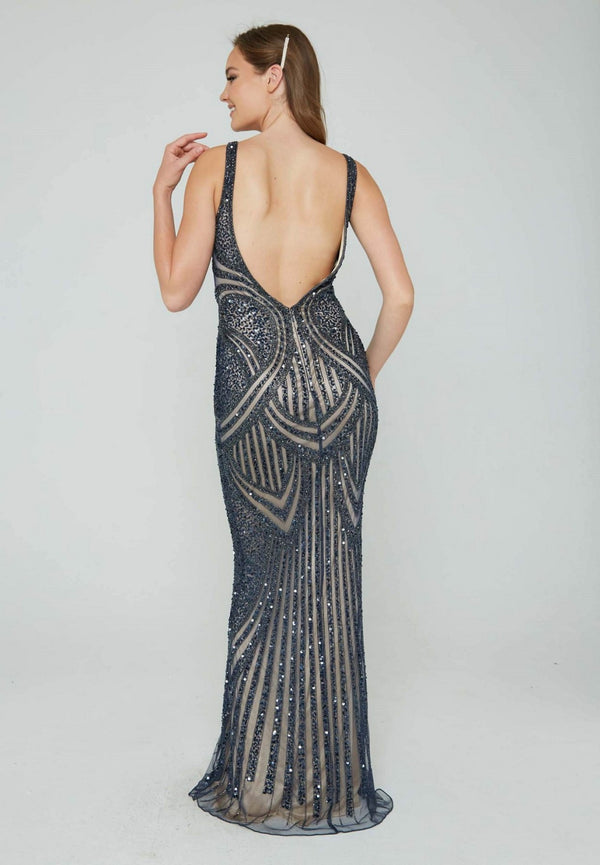 Vestido De Festa Longo Bordado Regata Decote Nas Costas Aleta
