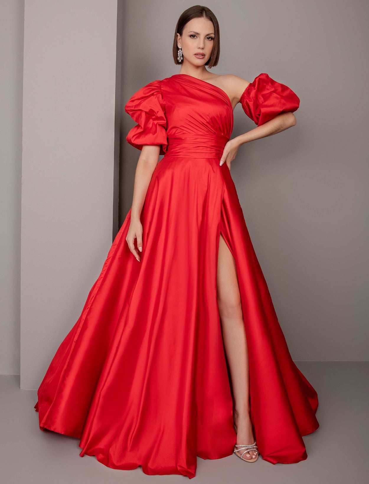 Vestido de Festa Longo Tafetá Manga Bufante Tarik Ediz