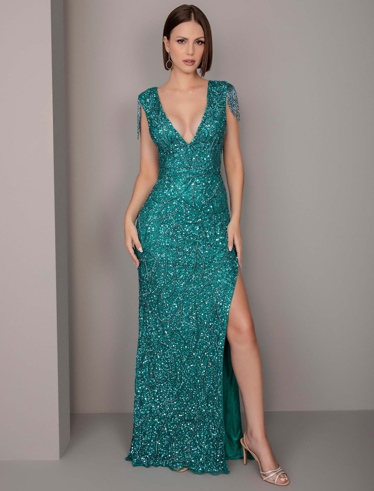 Vestido De Festa Longo Bordado Paetês Aleta