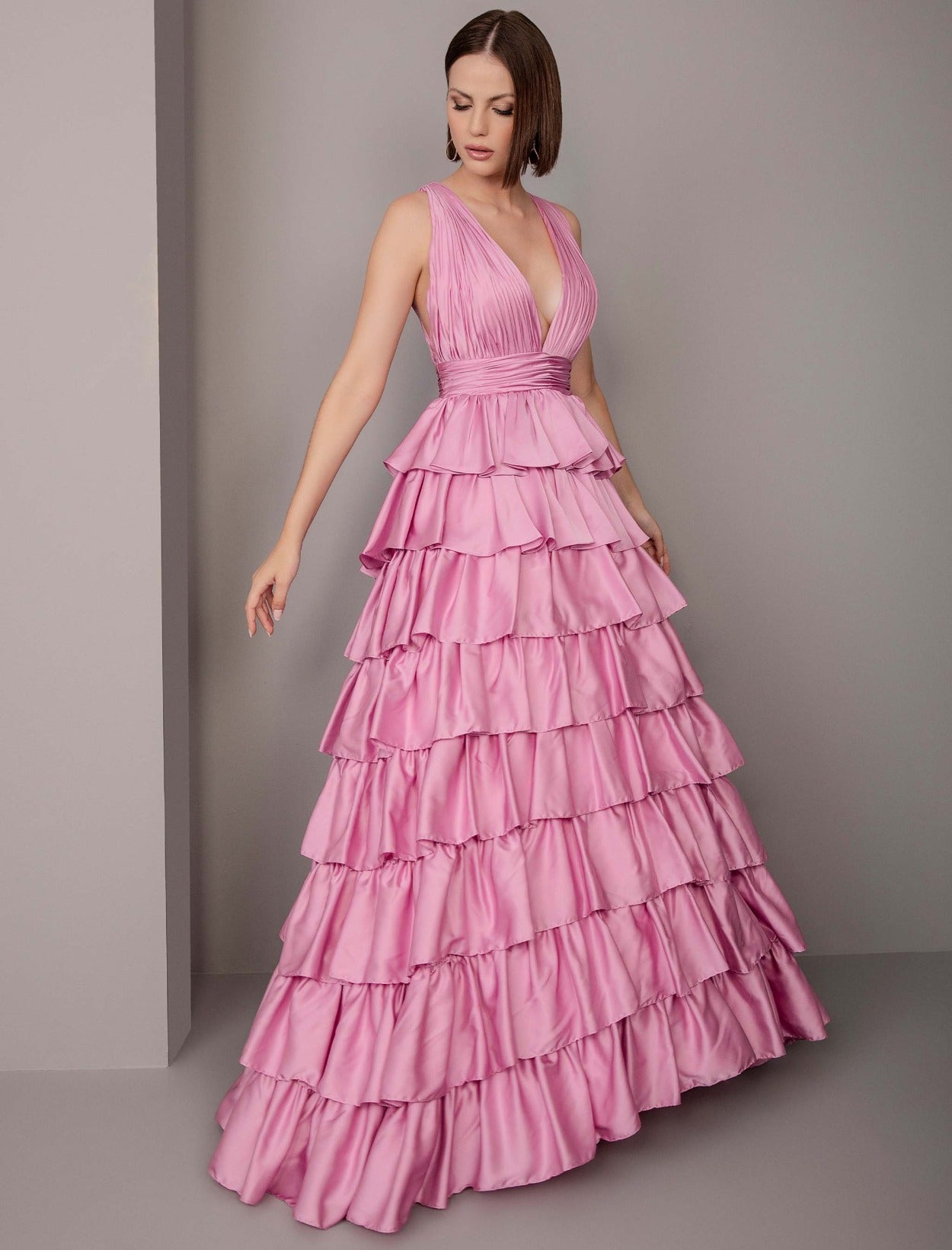 Vestido De Festa Longo Babados Decote V Mac Duggal