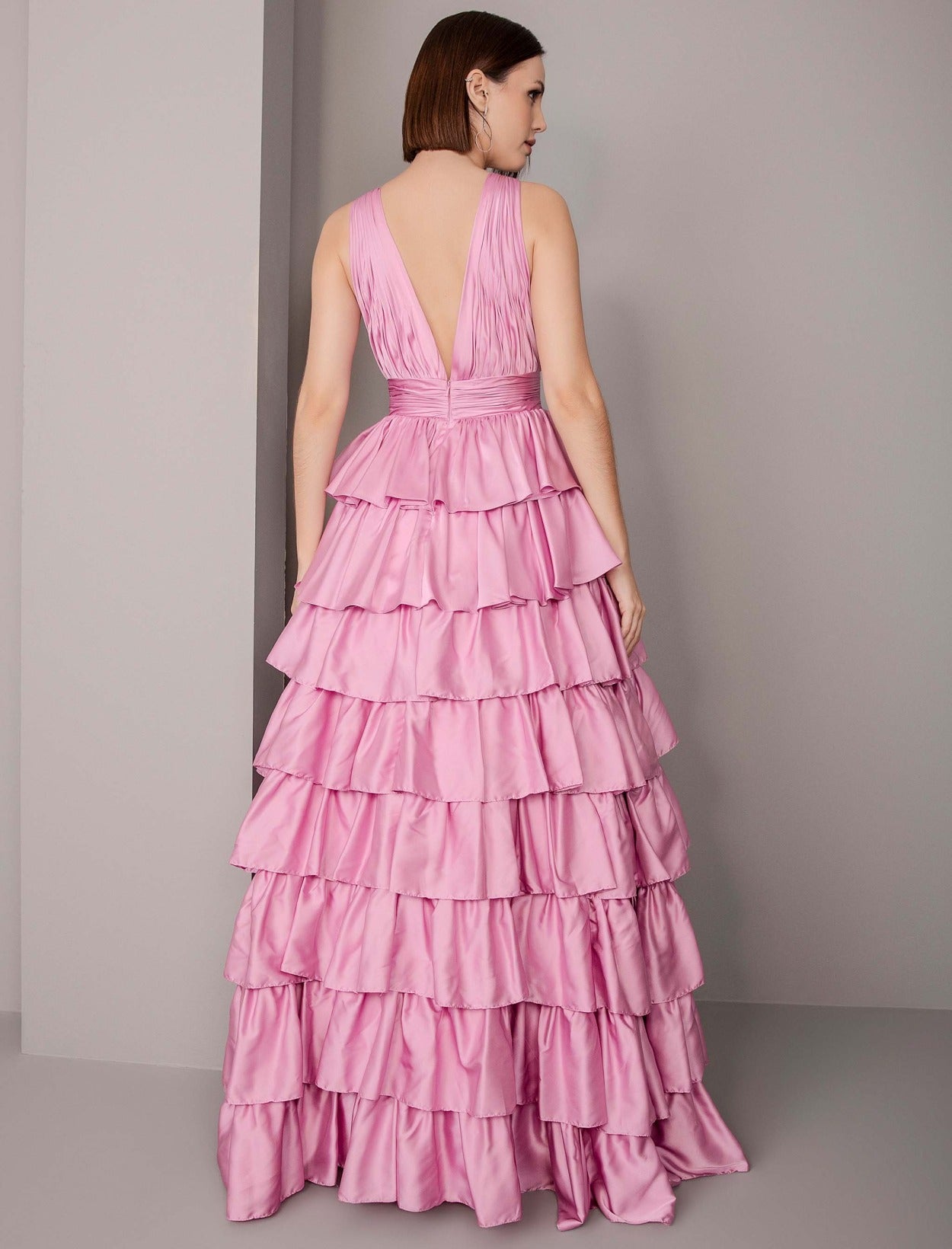Vestido De Festa Longo Babados Decote V Mac Duggal