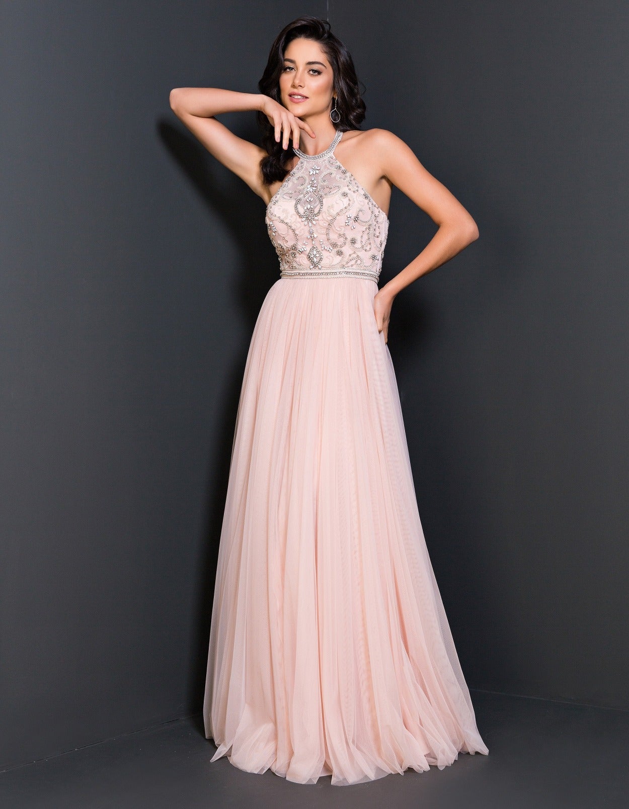 Vestido De Festa Longo Bordado Frente Única Tule Sherri Hill