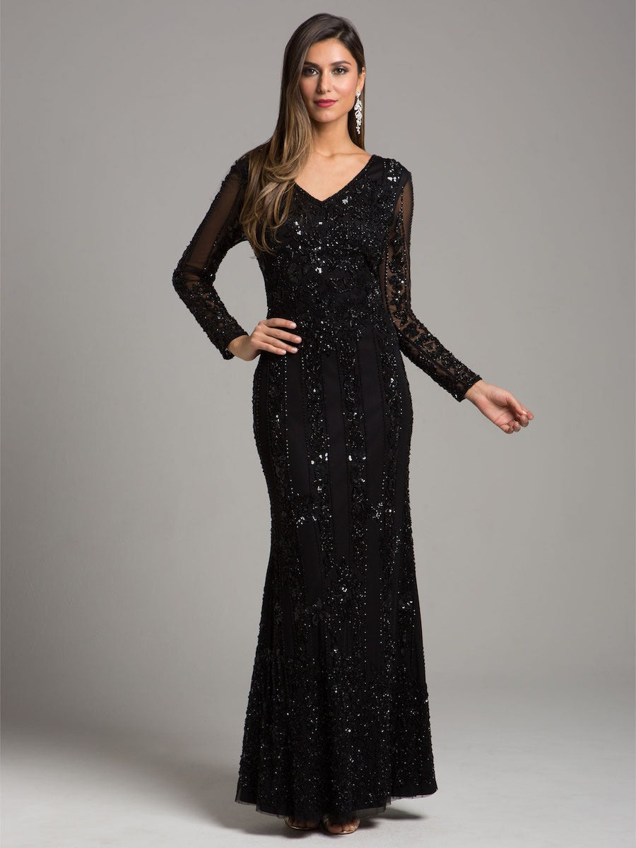 Vestido De Festa Longo Bordado Manga Longa Lara