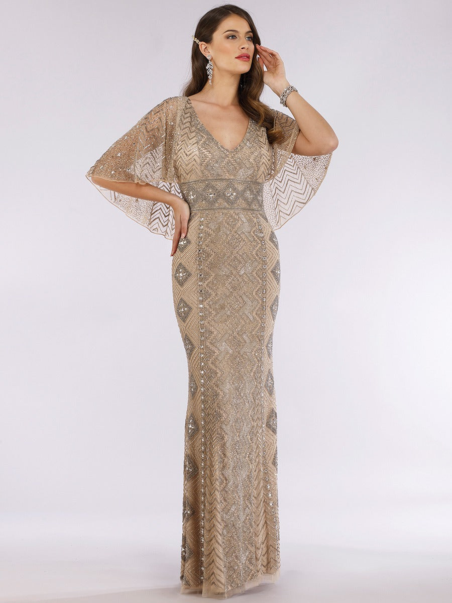 Vestido De Festa Longo Bordado Manga Godê Capa Lara