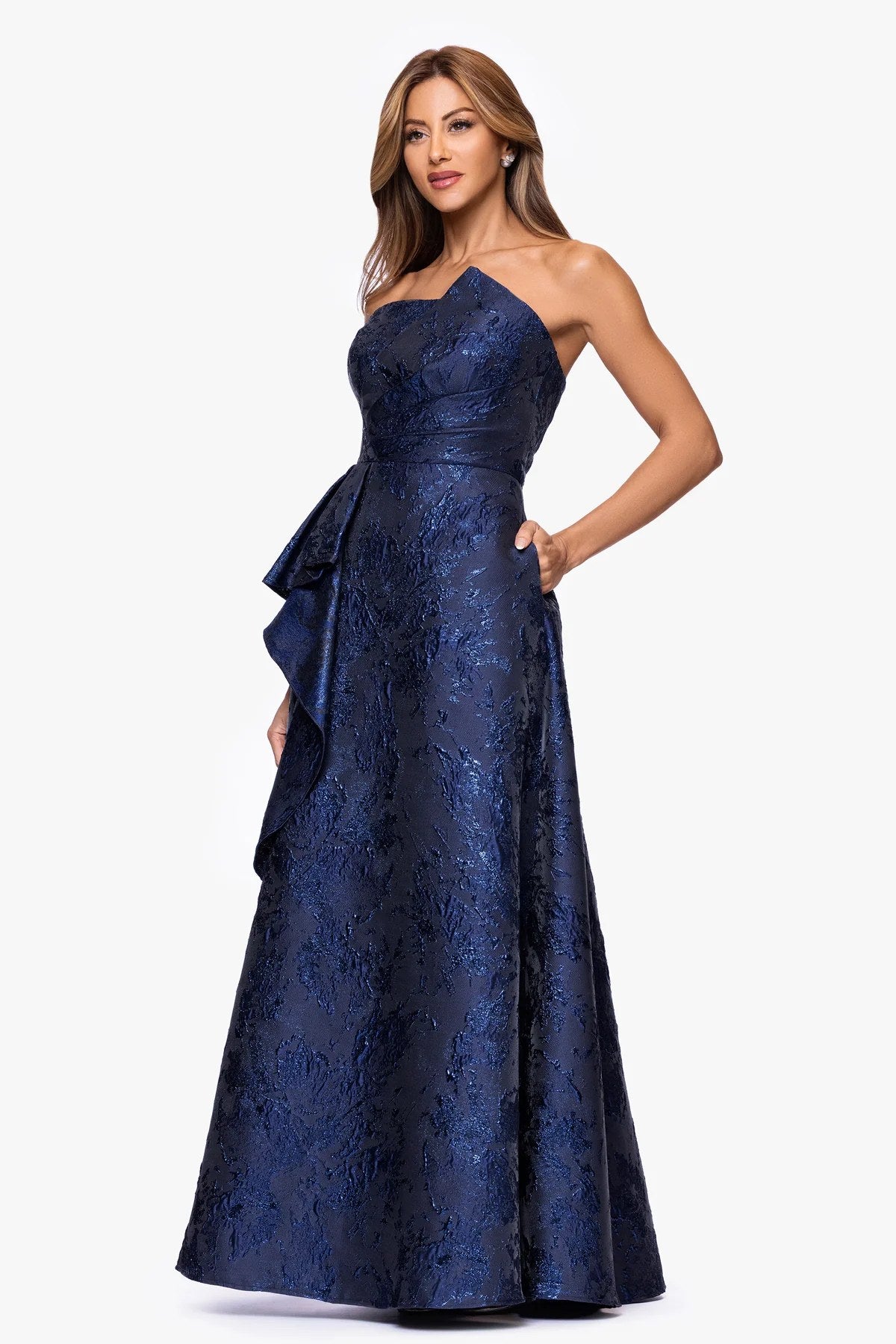Vestido Longo Jacquard Xscape Azul Marinho - foto 1