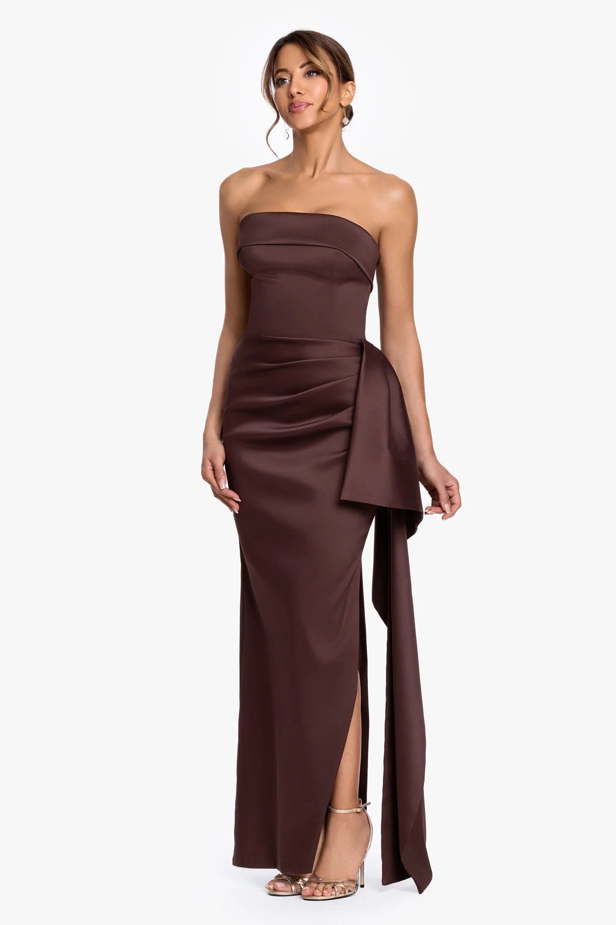 Vestido Longo Drapeado Xscape Marrom - foto 1