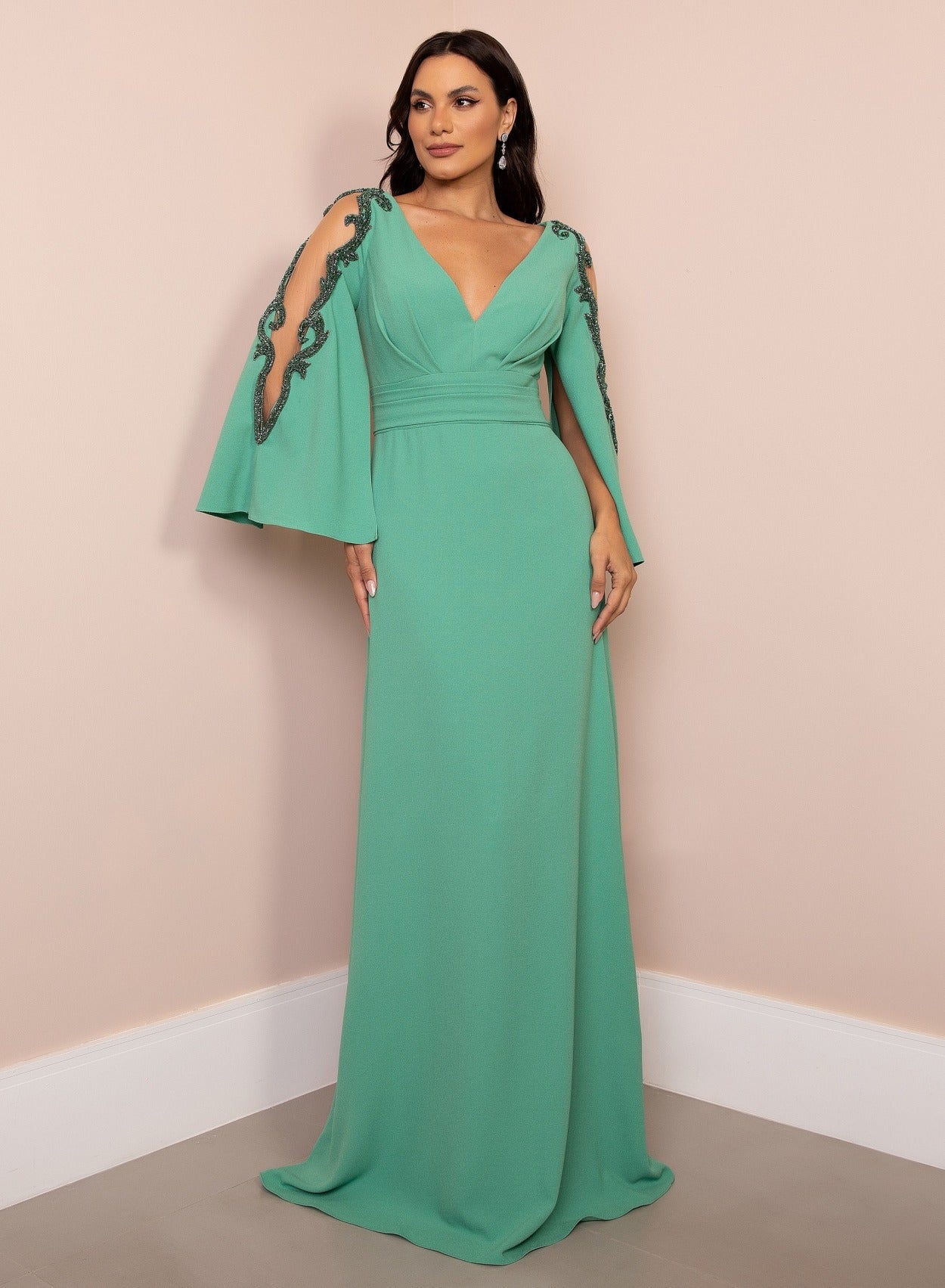 Vestido De Festa Longo Bordado Manga Longa Elizabeth Marques