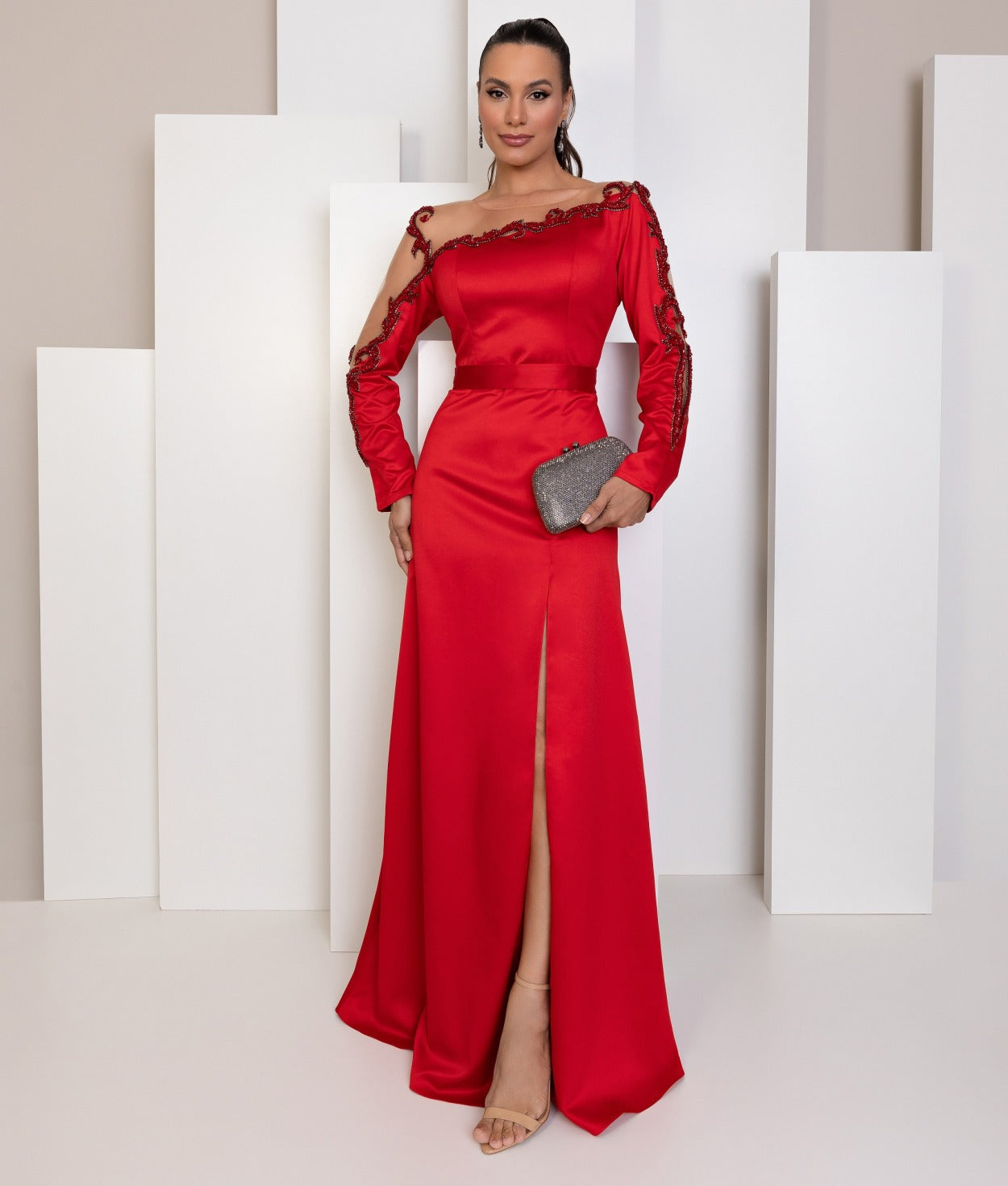 Vestido De Festa Longo Bordado Manga Longa Fenda Elizabeth Marques