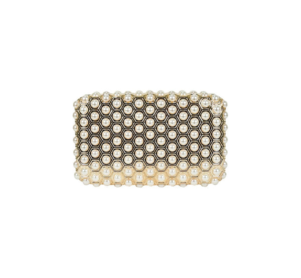 Bolsa Clutch Metalizada Dourada com Perlas